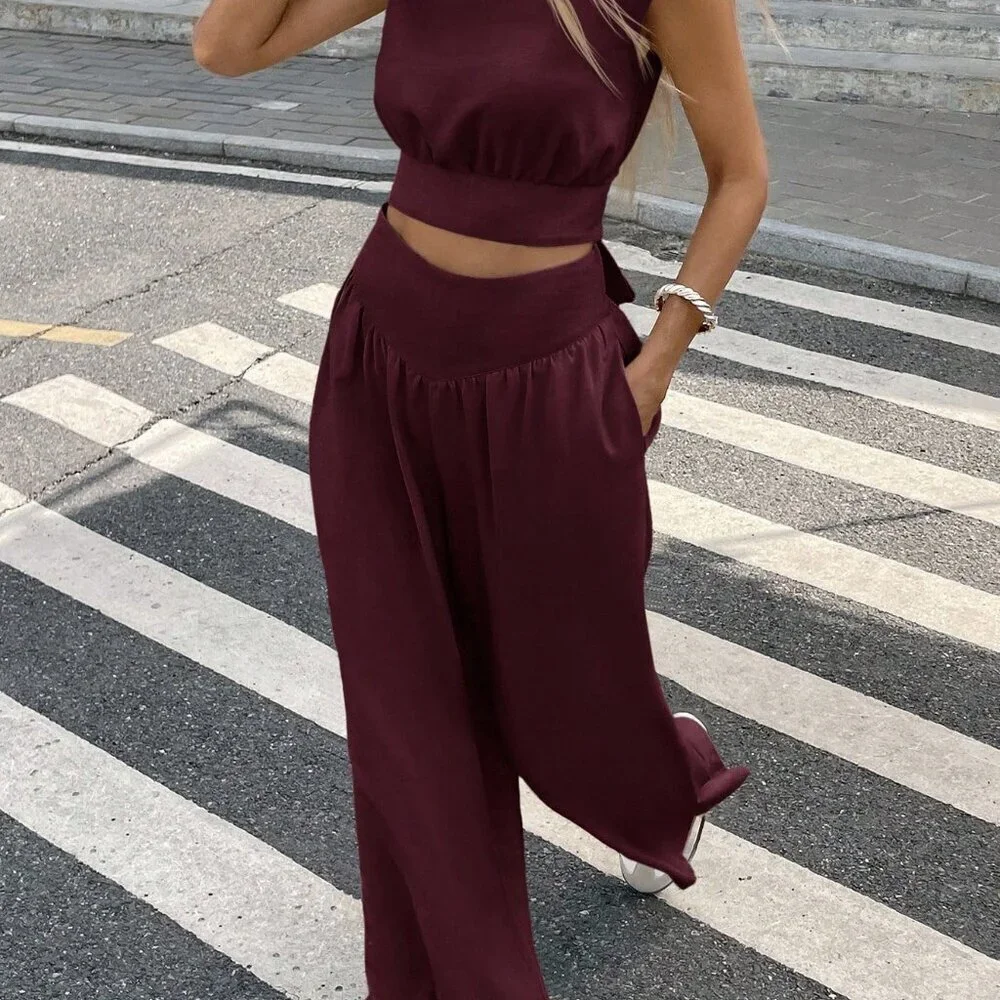 Burgundy Casual Women's Cropped Top and Pants Set